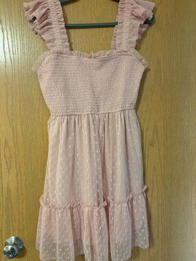 Altar'd State Blush Pink Ruffle-Sleeve Dot Tiered Dress